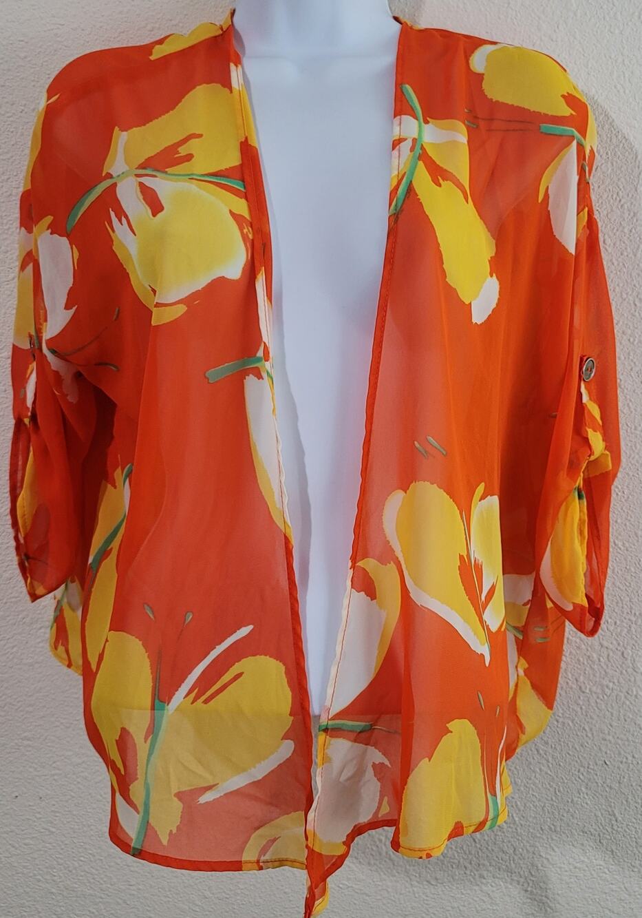 Tea N Rose Orange Floral Open Front Sheer Kimono Medium Roll Tab Sleeves Soft